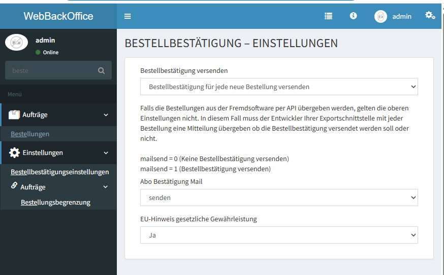 Einstellung EU-Hinweis gesetzliche Gewährleistung