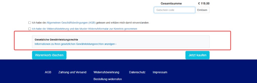 Hinweisblock im Warenkorb